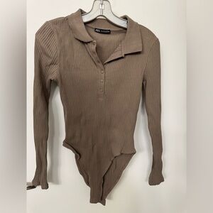 Zara Brown Ribbed Long Sleeve Bodysuit